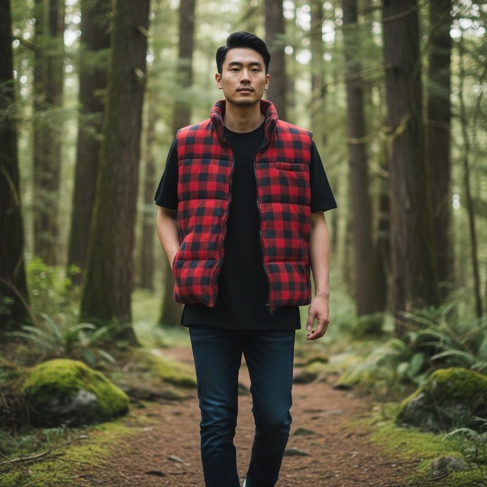 Branded Lion Reversible Puffer Vest Mens XL Red Buffalo Plaid Black Canvas Zip